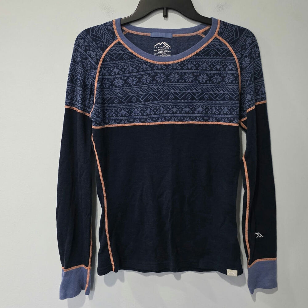 Merino.tech 100% Merino Wool Base Layer Womens Medium Blue Fair Isle Thermal